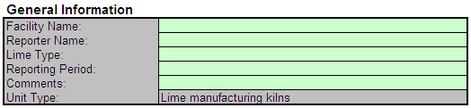 Begin by entering the facility name, your name, the lime type description, the reporting year and any additional comments in the green input cells of the General Information table located immediately below the equation in the spreadsheet. This is for your records